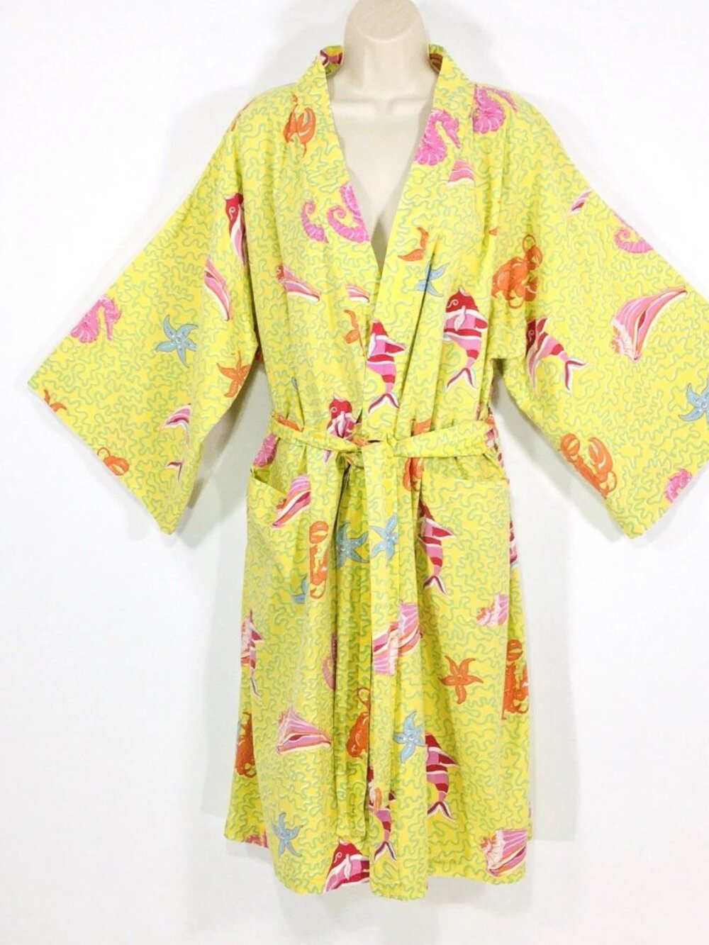Two’s Company Vtg Cotton Robe One Size(L )Ocean Shells & Fish Kimono Sleeves